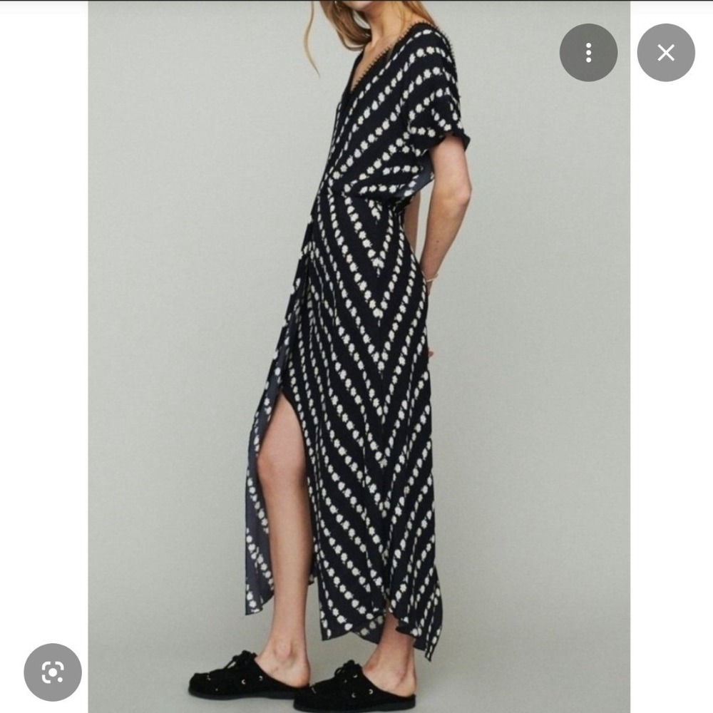 Maje Ritta Daisy Print Crepe Midi Dress Black White Lace Trim V-Neck- Size L